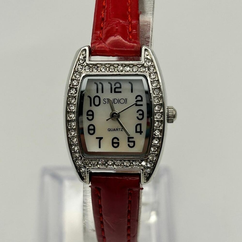 Studio Time Mother Pearl Crystals Red Band Women’s Watch Working New Battery
